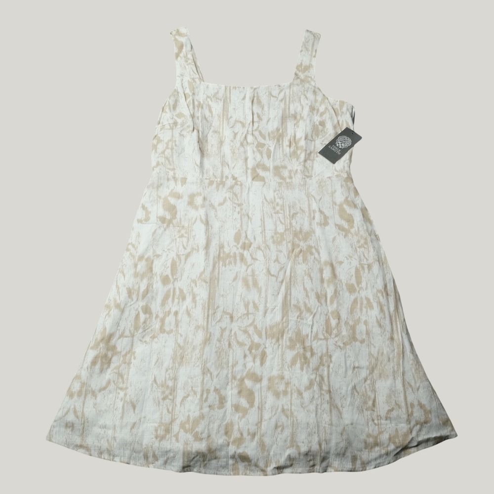 Vince Camuto Windswept Wonder Dress M Oyster Grey Linen Blend Floral Square Neck
